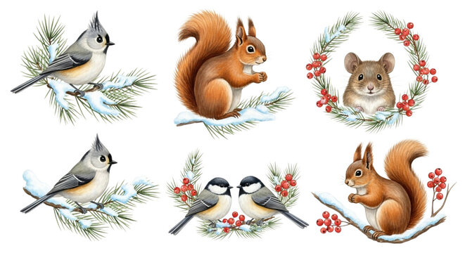 Collection of cute winter woodland animal illustrations featuring titmouse bird, squirrel, and mouse with snowy pine branch and berry wreath, isolated on transparent background