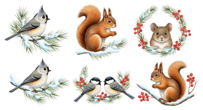 Collection of cute winter woodland animal illustrations featuring titmouse bird, squirrel, and mouse with snowy pine branch and berry wreath, isolated on transparent background