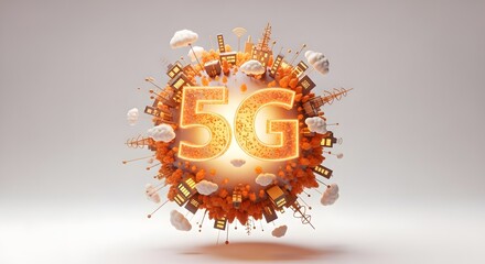 Abstract 5g network technology concept with orange and white elements