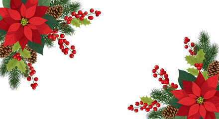 Obraz premium Festive corner border design with red poinsettia flower, green pine branch, holly berry, and pinecone decoration isolated on transparent background for christmas holiday greeting card