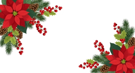 Festive corner border design with red poinsettia flower, green pine branch, holly berry, and pinecone decoration isolated on transparent background for christmas holiday greeting card