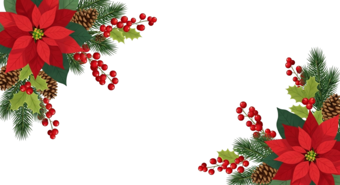 Festive corner border design with red poinsettia flower, green pine branch, holly berry, and pinecone decoration isolated on transparent background for christmas holiday greeting card - Powered by Adobe