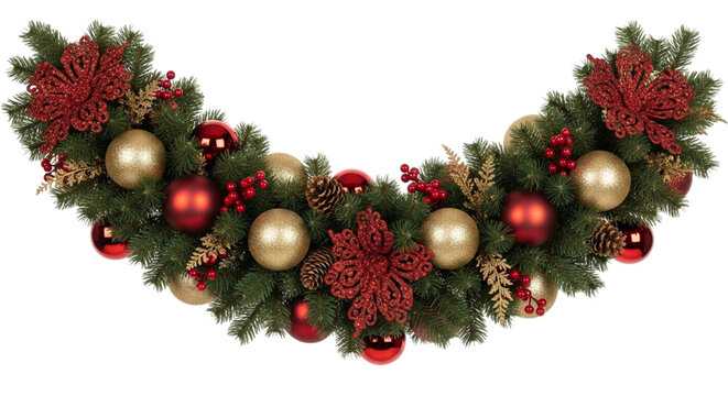 Festive christmas garland decoration with green pine branch, red poinsettia flower, gold and red bauble ornament, and pinecone isolated on transparent background - Powered by Adobe