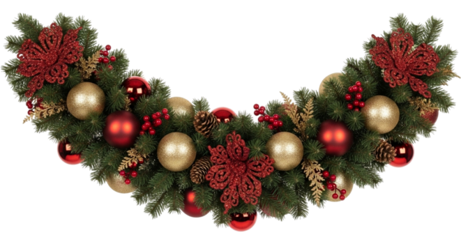 Festive christmas garland decoration with green pine branch, red poinsettia flower, gold and red bauble ornament, and pinecone isolated on transparent background