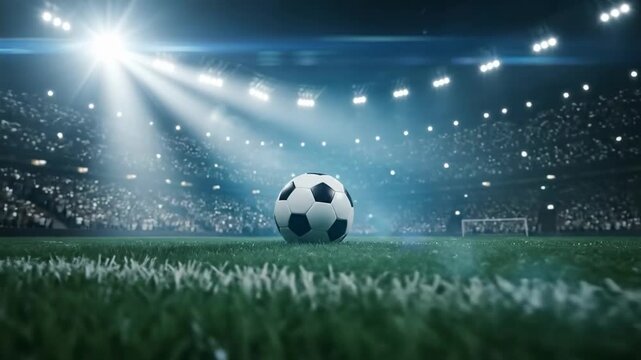 Close-up of a soccer ball on the grass field of a stadium at night. Illuminated arena with bright spotlights and lens flares. Football championship match concept