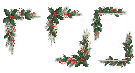 Set of four beautiful christmas corner border elements made of holly leaf, pine branch, and red berry decoration, isolated on transparent background