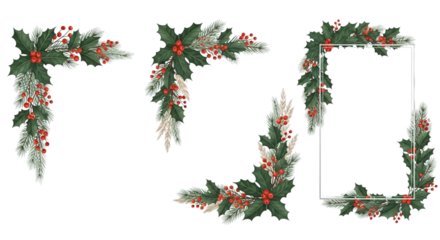 Set of four beautiful christmas corner border elements made of holly leaf, pine branch, and red berry decoration, isolated on transparent background