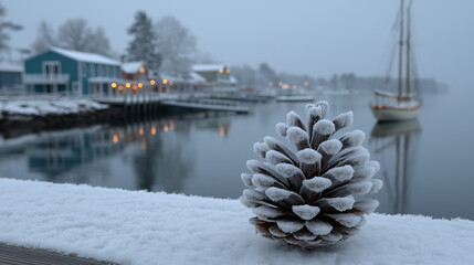 A frosted pinecone sits on a snow-covered wooden ledge, with a boat on calm water and buildings visible in the background. Light reflects on the water during the winter season