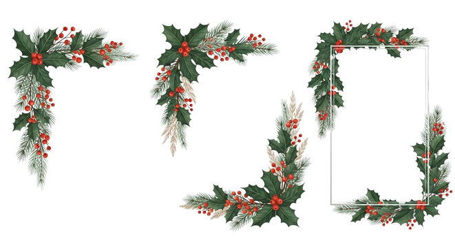 Set of four beautiful christmas corner border elements made of holly leaf, pine branch, and red berry decoration, isolated on transparent background