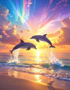 Two dolphins leaping from water towards a sunset-lit rainbow sky
