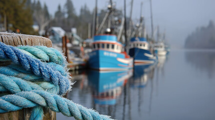 A snow-dusted mooring rope is wrapped around a wooden post at a Harbor. Fishing boats are in the background on a cold Winter day. Mist lingers over the water
