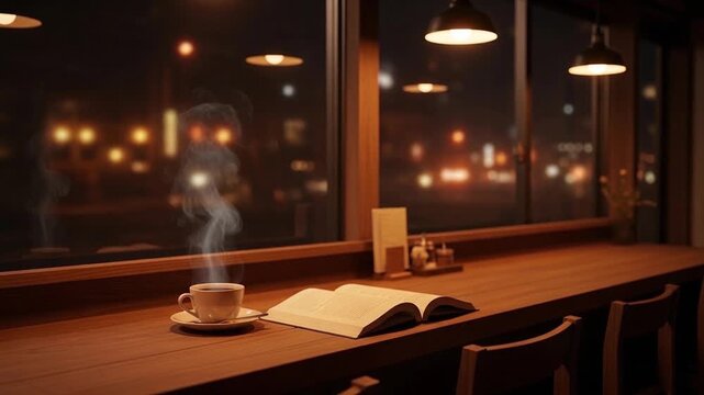 窓際のカウンターで湯気を立てる温かいコーヒーと本：ループ