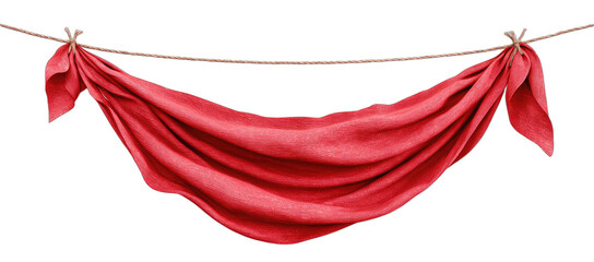 Vibrant red fabric cloth draped over a rustic rope against a black background