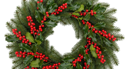 Beautiful christmas wreath made of fresh fir branches decorated with vibrant red holly berries and green leaves, isolated on transparent background