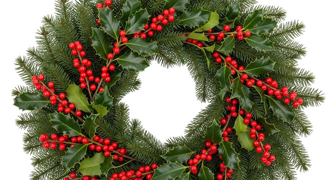Beautiful christmas wreath made of fresh fir branches decorated with vibrant red holly berries and green leaves, isolated on transparent background - Powered by Adobe