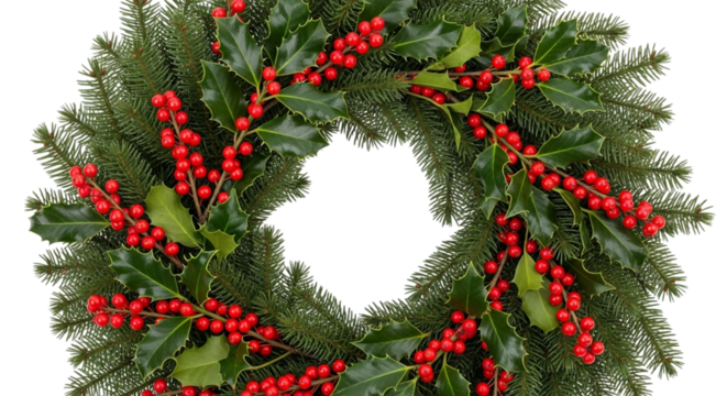 Beautiful christmas wreath made of fresh fir branches decorated with vibrant red holly berries and green leaves, isolated on transparent background