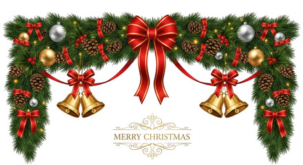 Festive christmas garland decoration with green pine branches, red bows, gold and silver ornaments, pinecone, and hanging golden bell isolated on transparent background