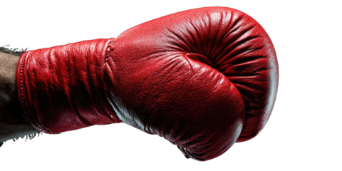 Close-up of a human hand wearing a red boxing glove, clenched into a fist