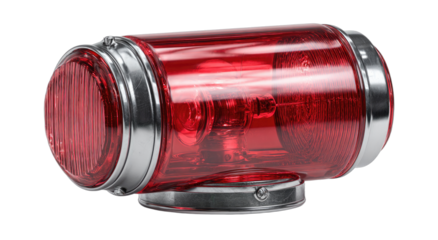 A vibrant red emergency vehicle warning light with chrome accents, isolated