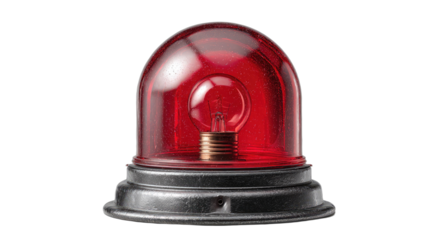 Close-up of a single red emergency dome light with a metallic base, isolated on black