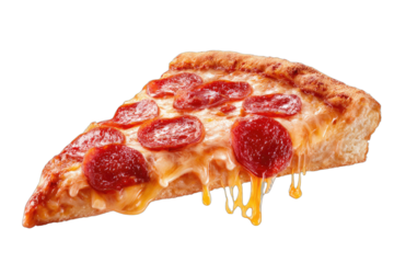 A delicious slice of pepperoni pizza with melted cheese dripping