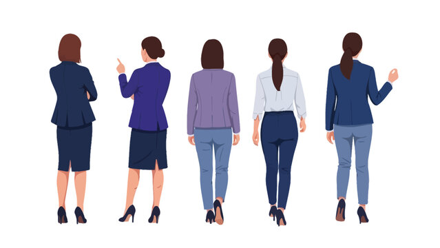 Five Business Women Characters Standing Back View Set. Professional Corporate Female Executives in Various Poses and Attire, Vector Illustration Collection.
