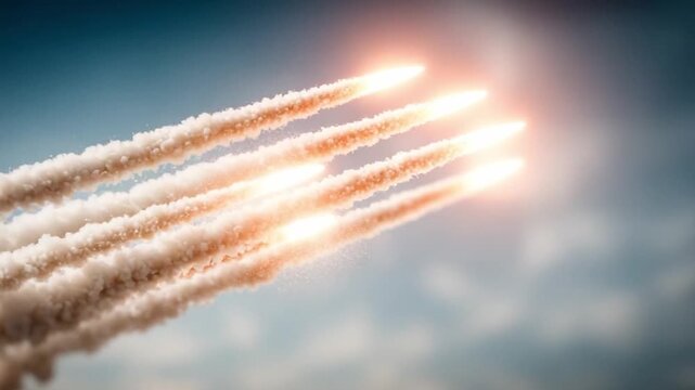 Skyward Ascent: A squadron of missiles bursts from the earth, streaking across the sky with trails of smoke, symbolizing power and technological advancement. Witness the majesty of this display.