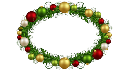 Christmas wreath frame made of green foliage and decorated with shiny red, green, and gold baubles, isolated on transparent background