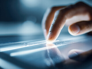 Person interacting with a digital touchscreen interface using fingertip gestures on a sleek tablet device depicting futuristic technology concepts