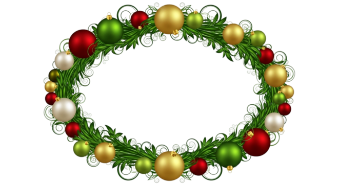 Christmas wreath frame made of green foliage and decorated with shiny red, green, and gold baubles, isolated on transparent background