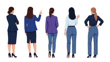 Group of Five Businesswomen Standing Back View Vector Illustration Set