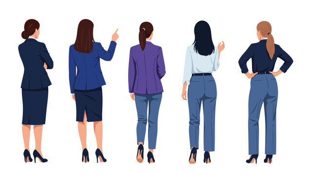 Group of Five Businesswomen Standing Back View Vector Illustration Set