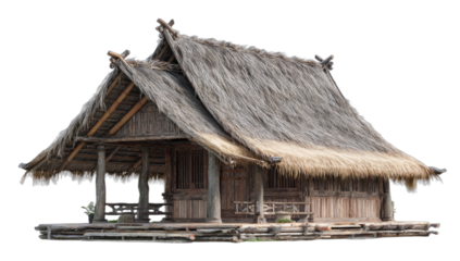 Rustic thatched-roof dwelling with open sides and wooden platform