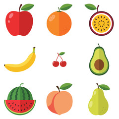 Collection of colorful fruit icons on a white background. Includes an apple, orange, passion fruit, banana, cherries, avocado, watermelon, peach, and pear.