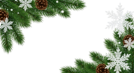 Christmas fir branch corner border decoration with pine cone and white snowflake element isolated on transparent background