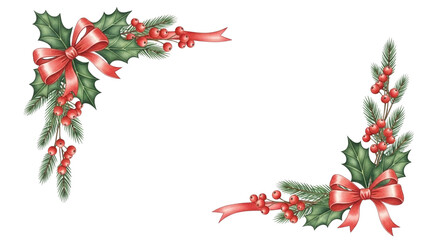 Watercolor illustration of two christmas holly corner decorations with red ribbon bow and pine branch isolated on transparent background for holiday design