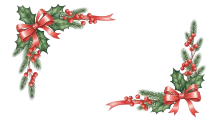Watercolor illustration of two christmas holly corner decorations with red ribbon bow and pine branch isolated on transparent background for holiday design