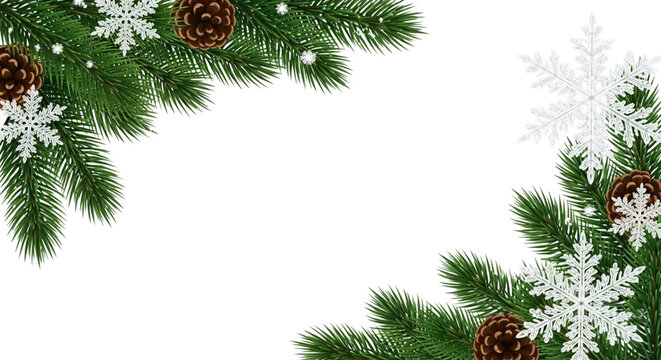 Christmas fir branch corner border decoration with pine cone and white snowflake element isolated on transparent background - Powered by Adobe