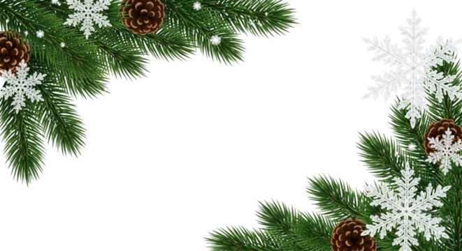 Christmas fir branch corner border decoration with pine cone and white snowflake element isolated on transparent background - Powered by Adobe