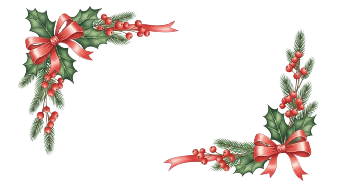 Watercolor illustration of two christmas holly corner decorations with red ribbon bow and pine branch isolated on transparent background for holiday design