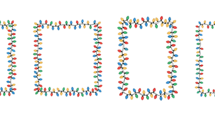 Set of four colorful christmas light string borders forming rectangular frames, isolated on transparent background