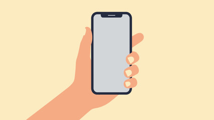 Hand Holding Modern Frameless Smartphone Mockup with Blank Screen. Vector Illustration of Mobile Phone Isolated on Beige Background for UI/UX Design Showcase.