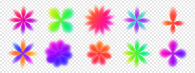 Gradient abstract flower set with y2k blur shapes and holographic aura on transparent background. Cute gradient flower y2k design in pink, blue, and neon tones for aesthetic vector compositions.