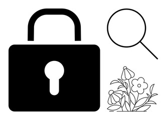 Black padlock, magnifying glass, and blossoming flowers representing privacy, investigation, exploration, growth, safety, nature and research. Ideal for security discovery analysis blooming