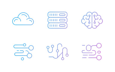 Set of futuristic technology icons including cloud servers brain and circuits isolated on transparent background