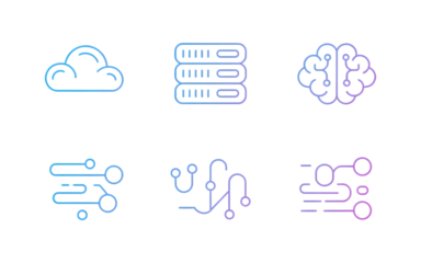 Set of futuristic technology icons including cloud servers brain and circuits isolated on transparent background