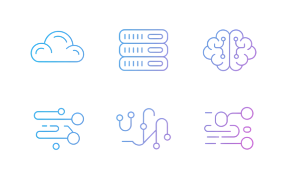 Set of futuristic technology icons including cloud servers brain and circuits isolated on transparent background
