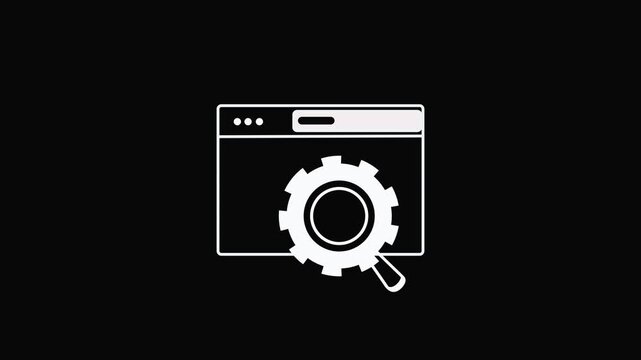 Animation White Icon of a Web Browser Window with a Gear and Magnifying Glass on Black symbol. White line browser window icon with gear and magnifying glass animation, web development symbol.