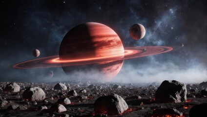 Vast Alien Planet with Glowing Rings and Moons in Deep Space.