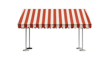 Red and white striped awning on metal poles, with scalloped trim